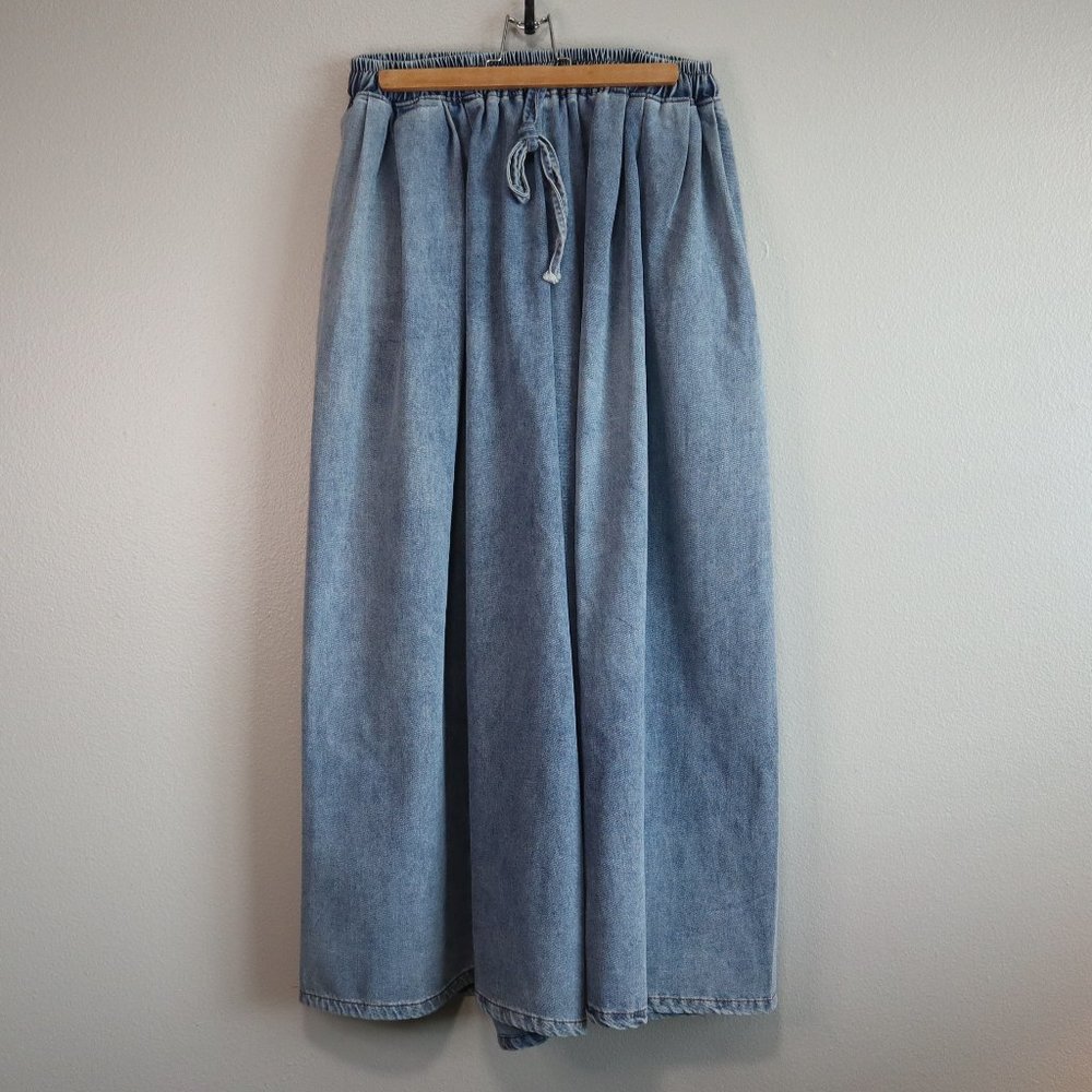 Retro Exposure Denim Skirt/Pants Culottes Gaucho Maxi with Elastic Waist Large